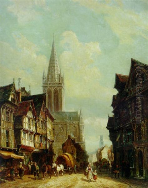 A Sunlit Townview With Figures Passing A Cathedral Oil Painting by Cornelis Christiaan Dommelshuizen