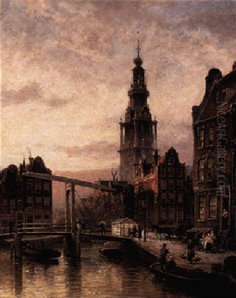 The Zuider Church Canal Scene, Amsterdam Oil Painting by Cornelis Christiaan Dommelshuizen