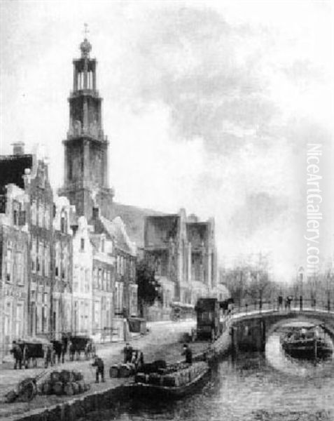 A View Of The Westerkerk On The Rozengracht, Amsterdam Oil Painting by Cornelis Christiaan Dommelshuizen