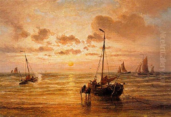 A Beach Scene Oil Painting by Cornelis Christiaan Dommelshuizen