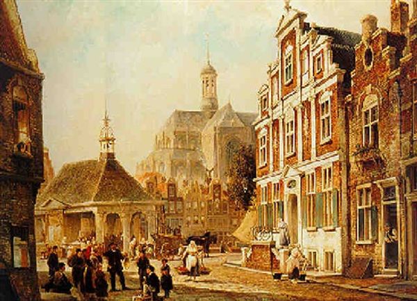 The Fishmarket In Groningen Oil Painting by Cornelis Christiaan Dommelshuizen