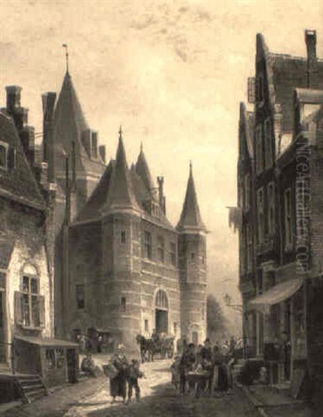 Joden Breestraat 'de Waag', Amsterdam Oil Painting by Cornelis Christiaan Dommelshuizen