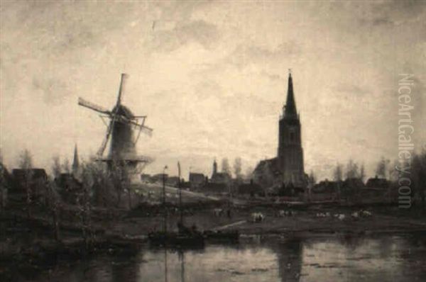 A View Of A Dutch Town At Sunset Oil Painting by Cornelis Christiaan Dommelshuizen