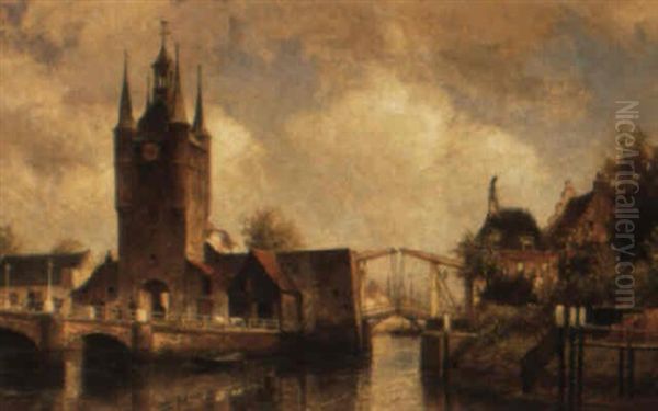 A View In The Zuidhaven With The Duivelandse Poort, Zierikzee Oil Painting by Cornelis Christiaan Dommelshuizen