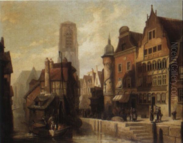 A Dutch Town With Townsfolk By A Canal Oil Painting by Cornelis Christiaan Dommelshuizen