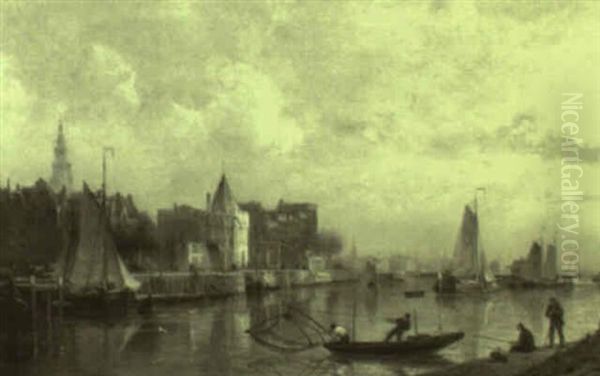 Old Amsterdam, The Schryers Tower Seen From The East Dock Oil Painting by Cornelis Christiaan Dommelshuizen