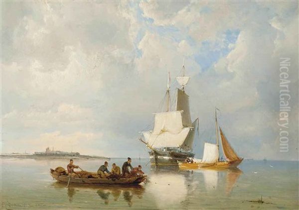 Fishermen Drawing In Their Nets Off The Dutch Coast Oil Painting by Pieter Christian Dommersen