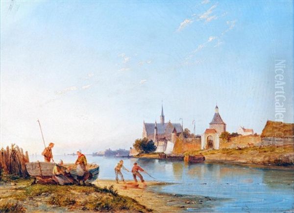 River Scene With Fisherfolk In The Foreground, A Town Beyond Oil Painting by Pieter Christian Dommersen