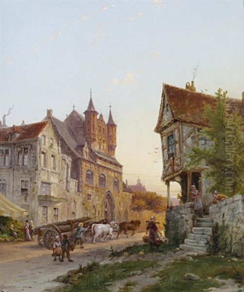 The Cloth Hall, Malines, Belgium (+ Mont Albans Tower, Amsterdam; Pair) Oil Painting by Pieter Christian Dommersen