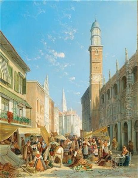 Market Day On The Piazza Die Signori In Vicenza Oil Painting by William Raymond Dommersen