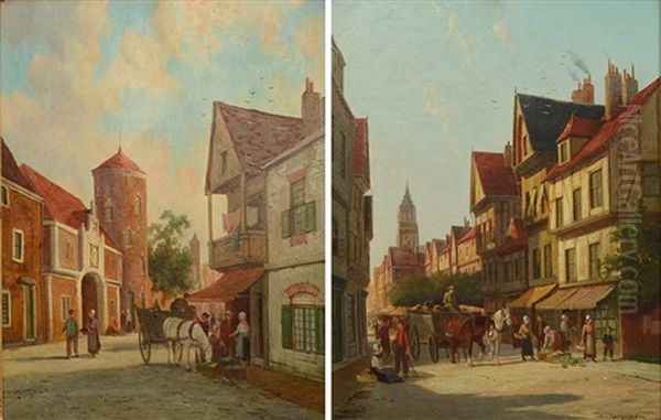 The Butter Stall, Bruges' And 'rue De Buc, Rouen' Oil Painting by William Raymond Dommersen