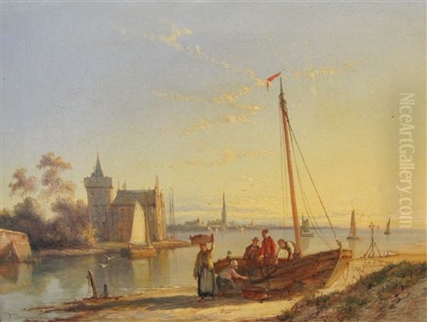 Unloading The Catch; And At A Landing Point Oil Painting by William Raymond Dommersen