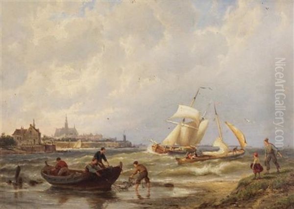 Fisherfolk Along The Coast And Shipping On A Calm Sea (a Pair) Oil Painting by William Raymond Dommersen