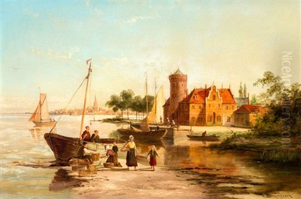 Hollands Stadje Aan Het Water Oil Painting by William Raymond Dommersen