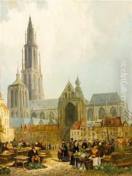 Market Scene Oil Painting by William Raymond Dommersen