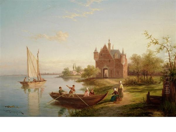 Rentz Castle On The Moselle (+ Zonnenberg On The River Spaarne, Holand; Pair) Oil Painting by William Raymond Dommersen