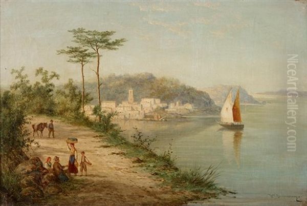 Peasants On A Road Along The Coast Oil Painting by William Raymond Dommersen