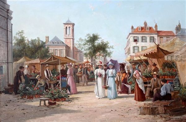 Bloemenmarkt In Een Italiaanse Stad Oil Painting by William Raymond Dommersen