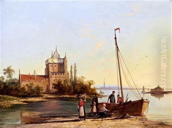 Unloading A Boat In A Calm Estuary Oil Painting by William Raymond Dommersen