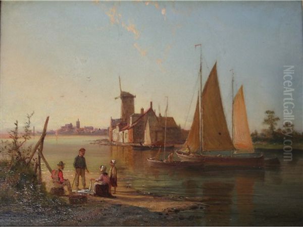 Dutch River Scene With Figures Sorting Fish Oil Painting by William Raymond Dommersen