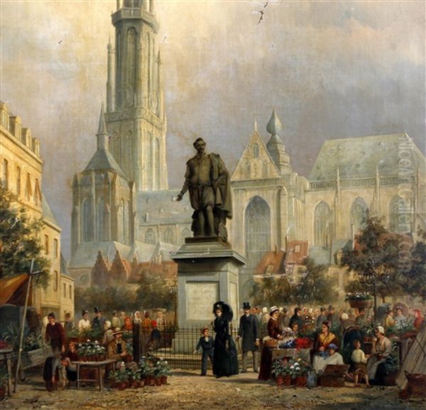 An Antwerp Flower Market Oil Painting by William Raymond Dommersen