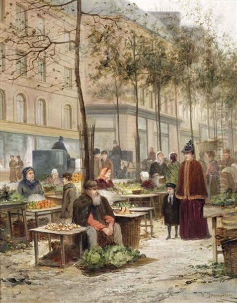 Marketday On Place Des Halles, Paris Oil Painting by William Raymond Dommersen