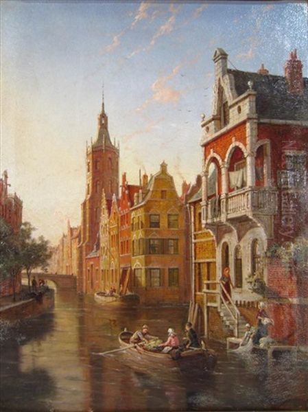 On The River Amstel, Amsterdam Holland Oil Painting by William Raymond Dommersen