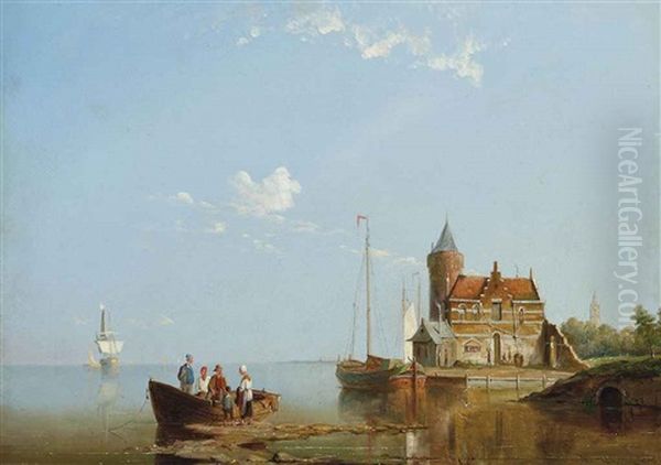 Fisherfolk At The Water's Edge On A Still Day Oil Painting by William Raymond Dommersen