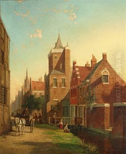 A Dutch Town Scene With A Figure And A Cart And Children Fishing From A Canal In The Foreground Oil Painting by William Raymond Dommersen