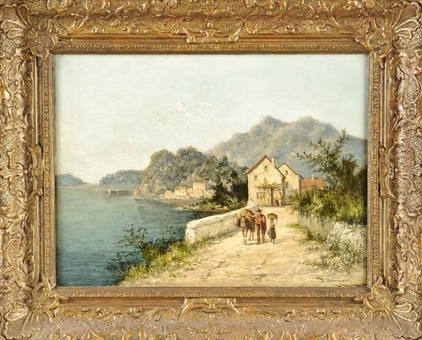 Bauernfamilie Vor Einer Siedlung Am Ufer Eines Sees In Hugeliger Landschaft Oil Painting by William Raymond Dommersen