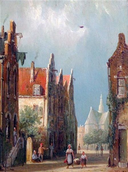 Dutch Canal  Street Scene; Pair) by William Raymond Dommersen