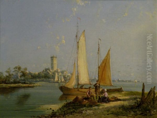 Fishing Boats Zuyderzee (+ A Dutch Estuary Scene; Pair) Oil Painting by William Raymond Dommersen