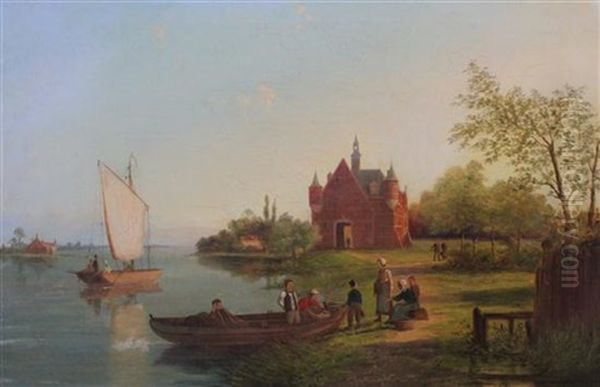 Dutch River Landscape Oil Painting by William Raymond Dommersen