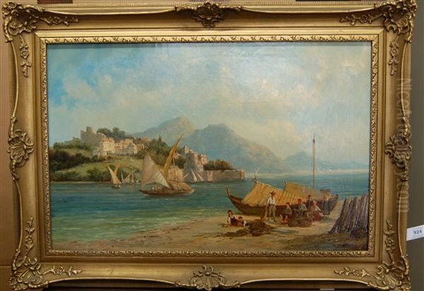 Mediterranean Scene With Figures And Fishing Boats Beside A Lake Oil Painting by William Raymond Dommersen