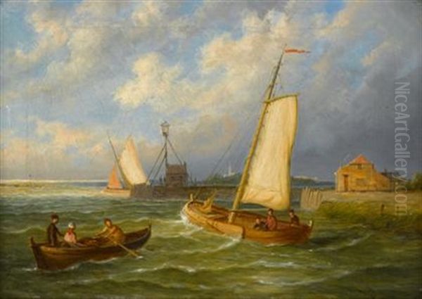 Sailing Boats And A Row Boat Off A Harbor (+ The Dutch Coast; Pair) Oil Painting by William Raymond Dommersen