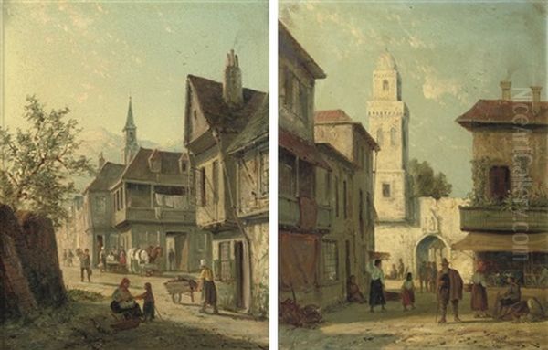 A Street In Vigo Spain (+ A View In Namur; Pair) Oil Painting by William Raymond Dommersen