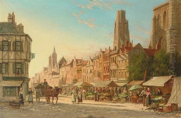 Rouen. Strasenansicht Mit Markttreiben An Einem Sommertag Oil Painting by William Raymond Dommersen