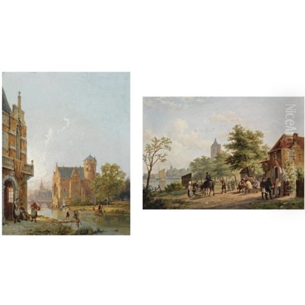 Figures Near An Inn (2 Works) Oil Painting by William Raymond Dommersen