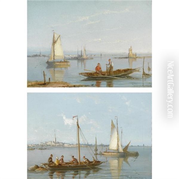 Shipping Near A Lighthouse (+ Shipping Of The Coast, Schiedam In The Background; Pair) Oil Painting by William Raymond Dommersen