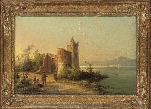 Figures Before Rentz Castle, On The Moselle (+ Rowing On The Lake; Pair) Oil Painting by William Raymond Dommersen