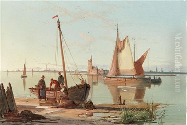 Fishing Boats Off Burgerdam Lighthouse On The Zuider Zee (+ Enshuisen On The Zuider Zee; Pair) Oil Painting by William Raymond Dommersen