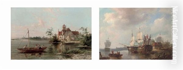 Monnickendam On The Scheldt, Holland (+ Dordrecht, Holland; Pair) Oil Painting by William Raymond Dommersen