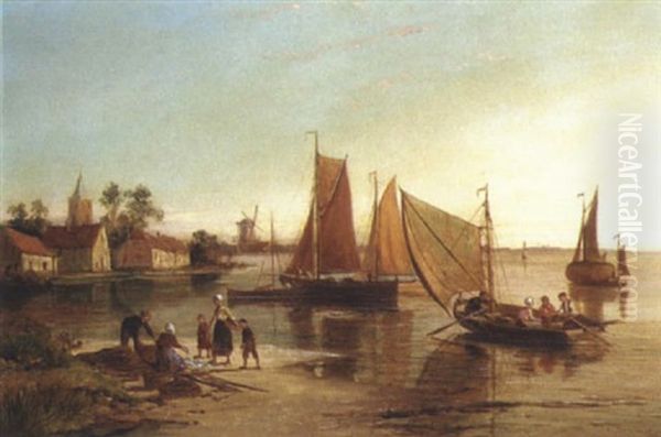 Sailing And Shipping On A Calm Estuary Oil Painting by William Raymond Dommersen