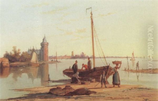 Dutch Riverside View Oil Painting by William Raymond Dommersen