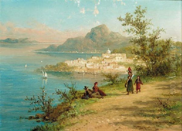 Figures On A Continental Coastal Path (ibiza?) Oil Painting by William Raymond Dommersen