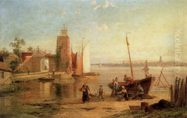 Figures Before The Lighthouse At Tholen On The Scheldt Oil Painting by William Raymond Dommersen