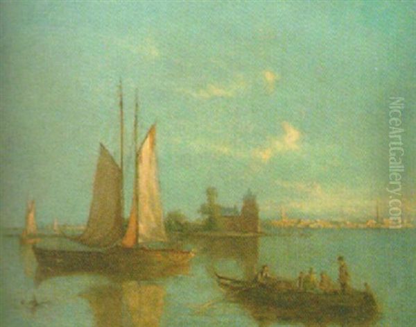 Figures In A Rowing Boat, Town Beyond Oil Painting by William Raymond Dommersen