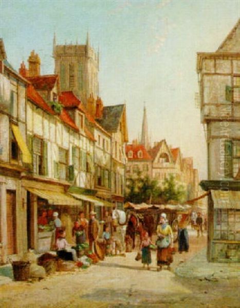 A Dutch Town On Market Day Oil Painting by William Raymond Dommersen