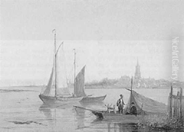 An Estuary With Fishermen In A Rowing Boat A Town Beyond Oil Painting by William Raymond Dommersen