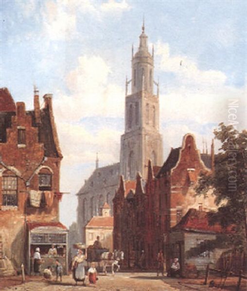 A Horse And Cart And Numerous Figures In A Dutch Street Oil Painting by William Raymond Dommersen